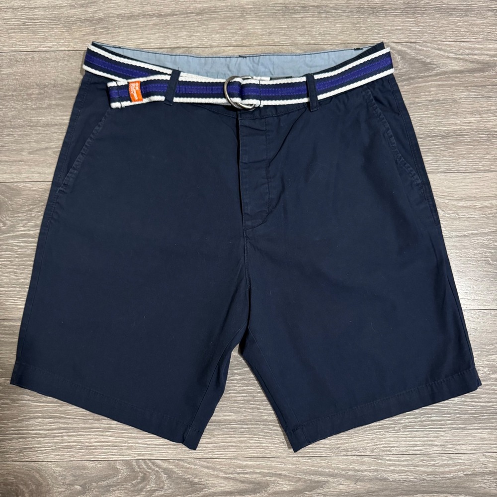 HM Divided Mens Navy‎ Blue 100% Cotton Chino Shorts with Superdry Belt Size 32